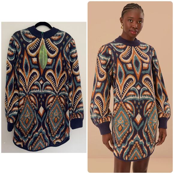 Farm Rio Blue Pineapple Ikat Sweater Dress - Picture 1 of 6